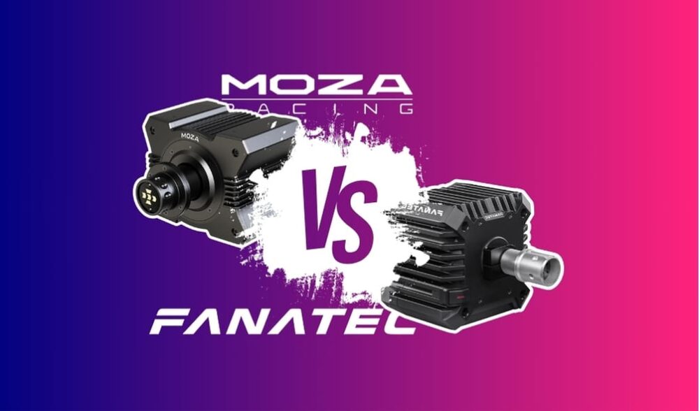 Comparatif visuel entre les bases Direct Drive Fanatec CSL DD et Moza R5 posées sur un setup simracing moderne.
