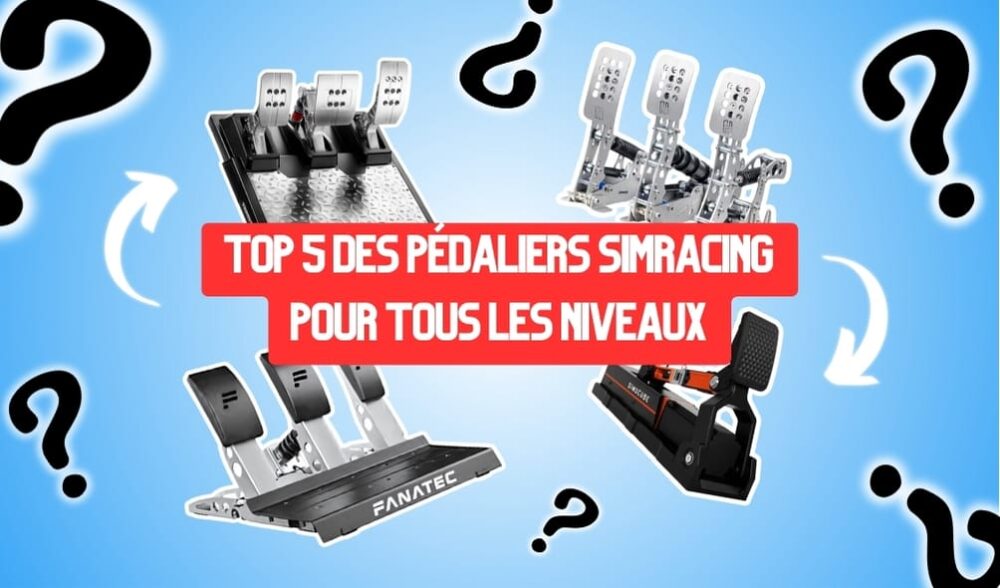 Photo d’un pédalier de simracing haut de gamme posé sur un support, entouré d’effets graphiques soulignant un top 5 comparatif.