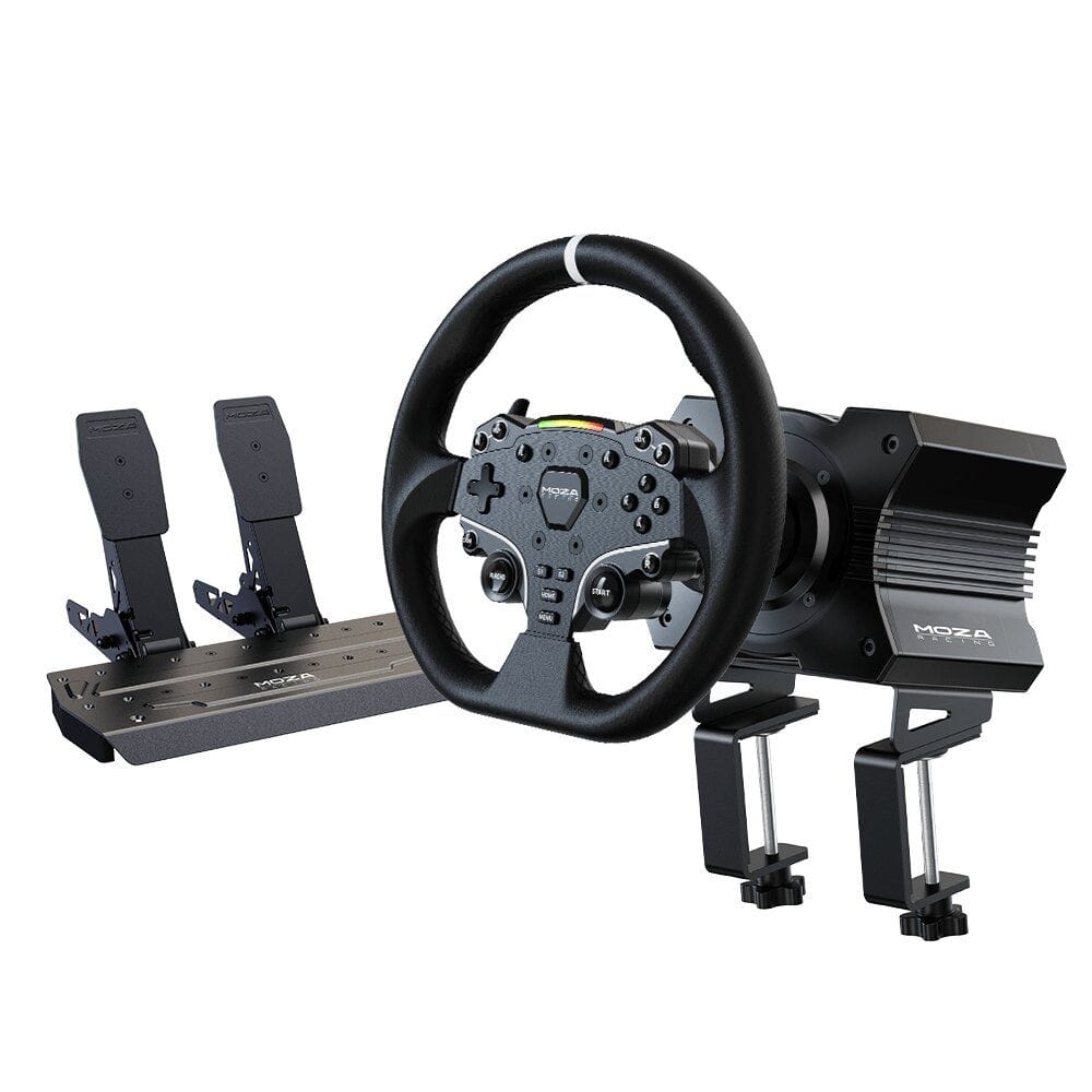 Image montrant le comparatif entre le volant Fanatec CSL DD et Moza R5, avec leurs caractéristiques principales pour le simracing.
