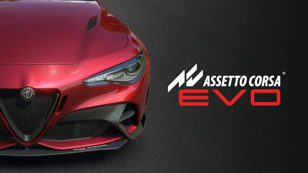 Capture d'écran d'Assetto Corsa Evo montrant une voiture de course sur un circuit sous la pluie.