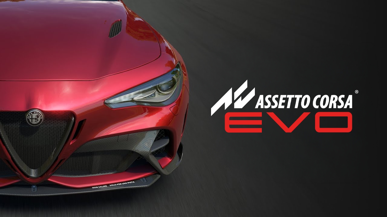 Capture d'écran d'Assetto Corsa Evo montrant une voiture de course sur un circuit sous la pluie.